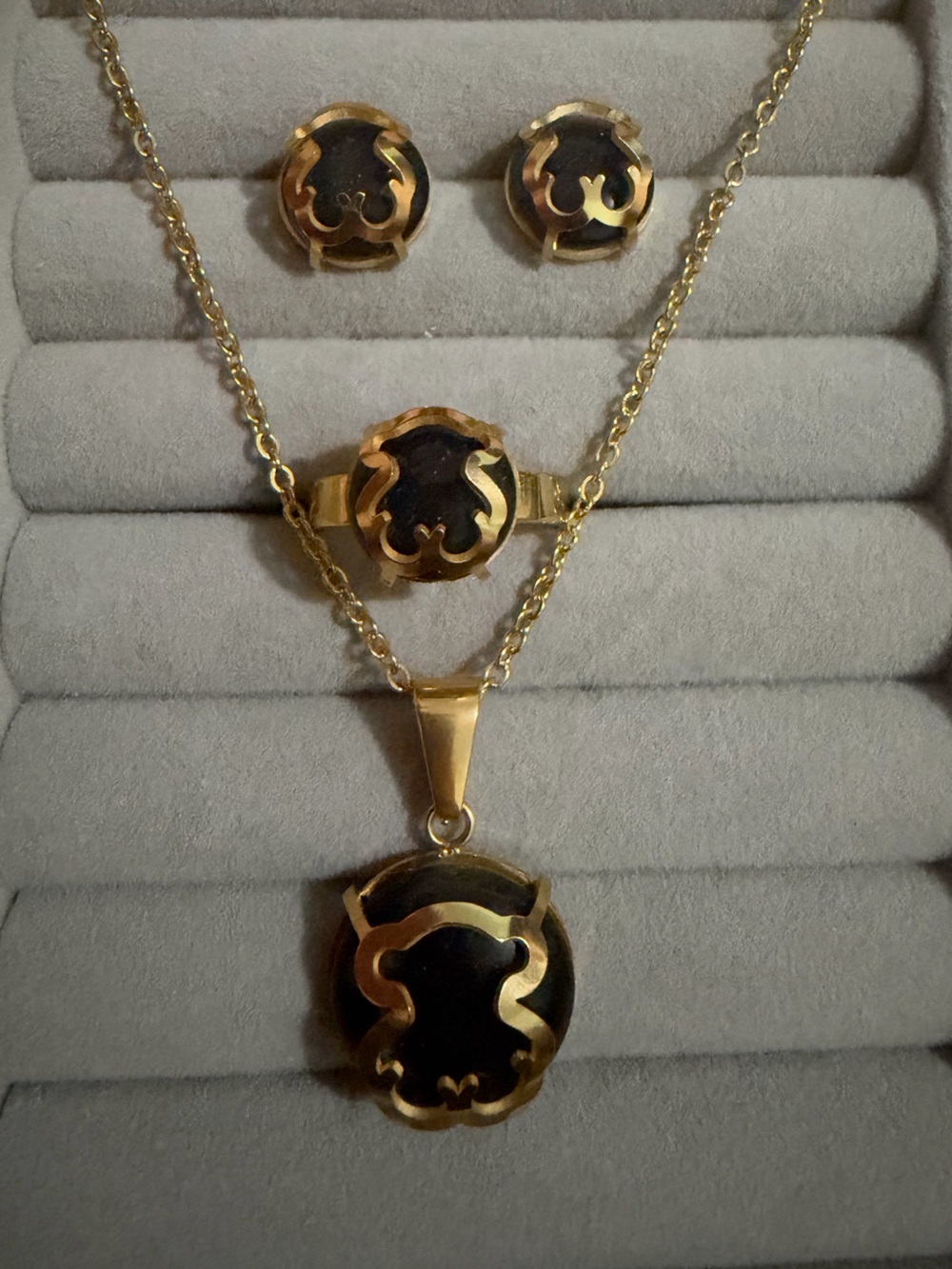 Gold and Black Pendant Necklace and Ring Set